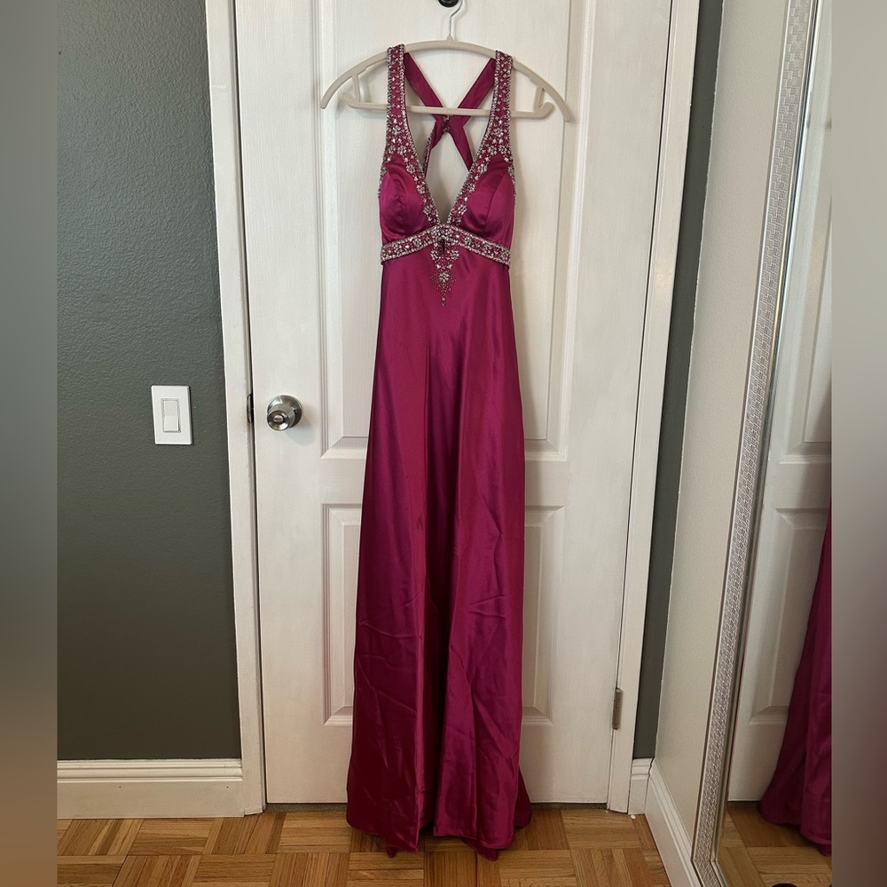 Nina Canacci Beaded Halter Satin Gown - Fuchsia Pink - Size 2